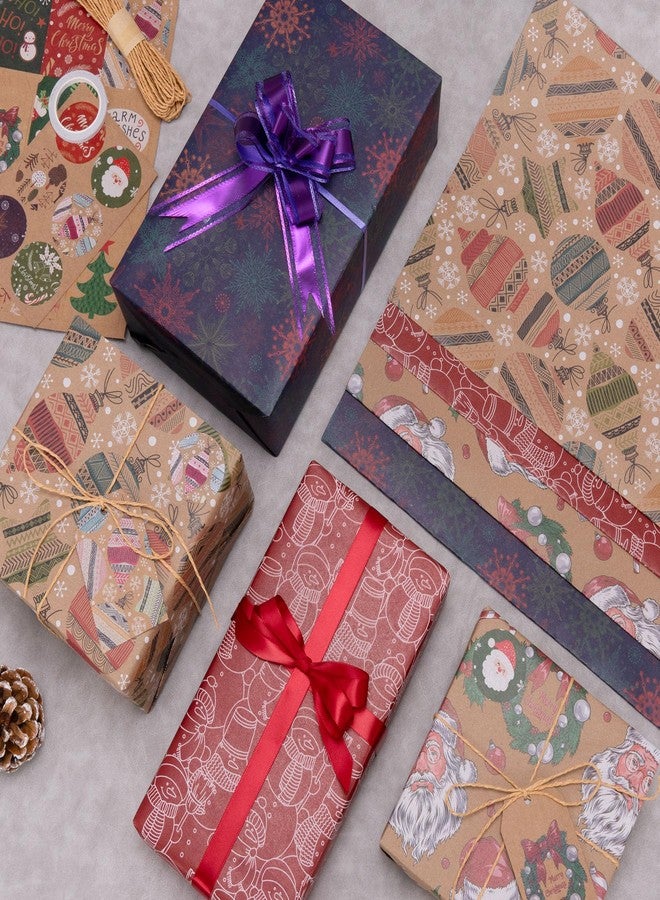 Toptime Christmas Wrapping Paper 8 Sheets, Folded Flat Kraft Gift Wrapping Paper with Stickers Tags Paper String, Vintage Brown Christmas Gift Wrap with Santa Claus Snowmans Snowflakes Xmas Ball - Image 4